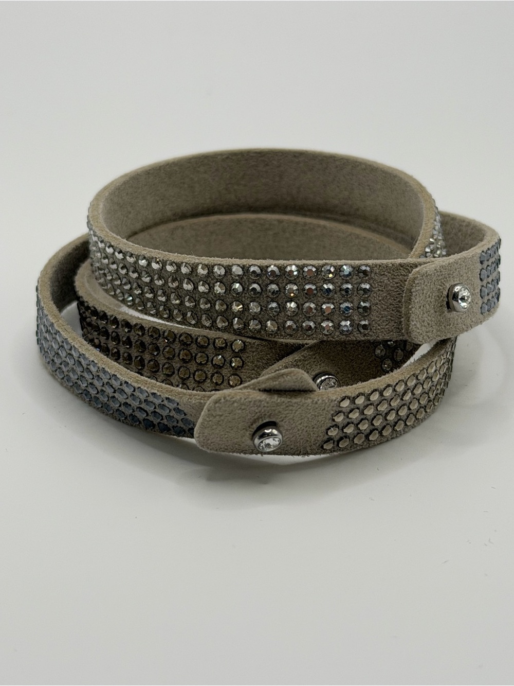 Crystal-Embellished Taupe Vegan Suede Tri-Wrap Bracelet